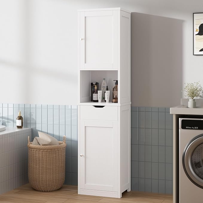 Walsunny Tall Bathroom Storage Cabinet with 6 Adjustable Shelves, White | Anti-Tip Safety, Waterproof MDF, 2 Doors + 1 Drawer, Easy Assembly, for Bathroom/Living Room/Kitchen