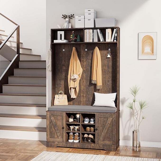 Entryway Hall Tree with Coat Rack and Shoe Bench with Storage