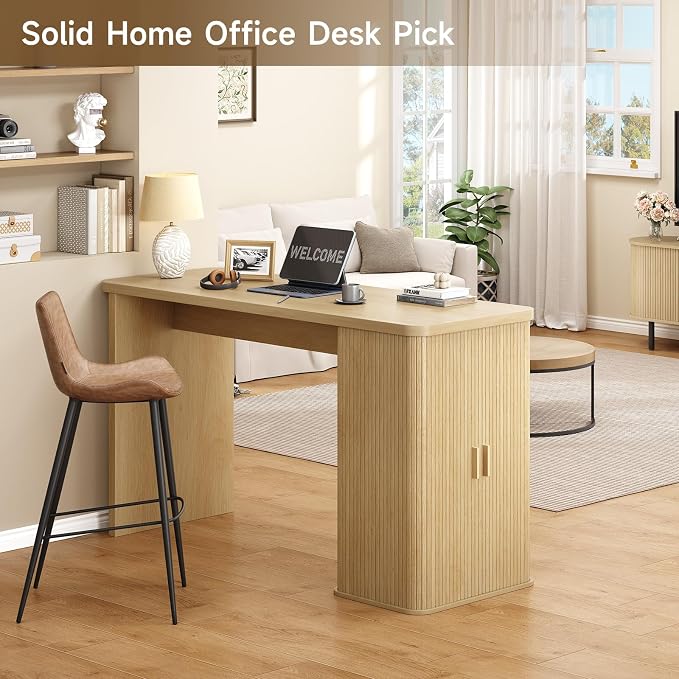 ONBRILL 59 Inch Fluted Kitchen Island with Storage Oak