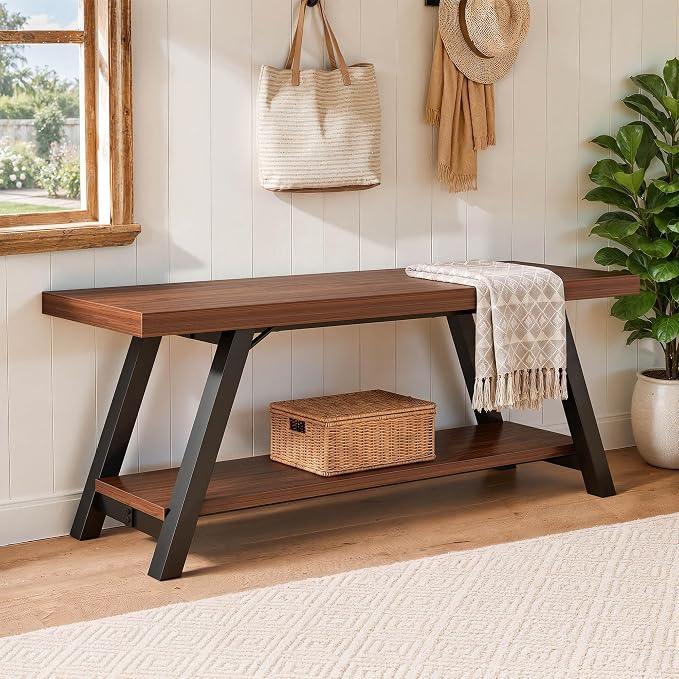 LVB Industrial Entryway Bench with Storage, Wood and Metal Bedroom Bench