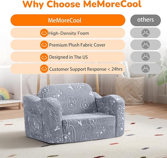 MeMoreCool Kids Couch, Glow Dark Dog Fold Out Sofa Chair, Foam, Washable