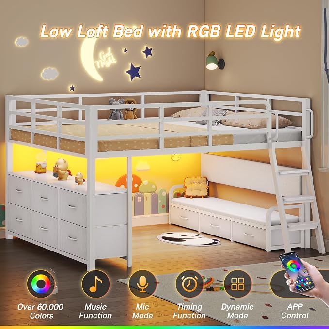 Dnxao Low Loft Bed Full Size with Desk and 9 Storage Drawers, White