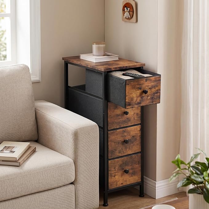 Fixwal Narrow Storage Cabinet, Slim Dresser with 4 Drawers, Rustic Brown | 9.5in width, sturdy & stable structure, solid steel frame, wooden top, suitable for bedroom, bathroom & laundry room