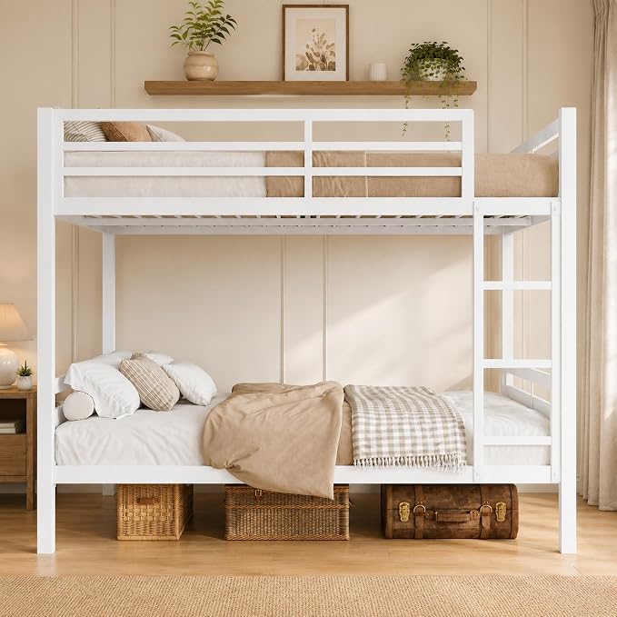 Feonase Metal Bunk Bed Full Over Full with Ladder and High Guardrail, Heavy-Duty Metal Slats Support, Noise Free, No Box Spring Needed, for Kids and Juniors, White