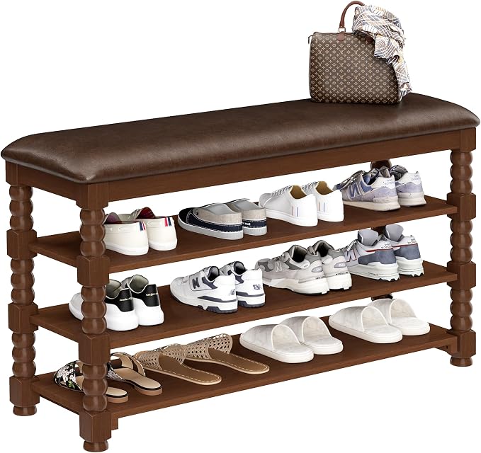 Homleke 39.4" Wide Solid Wood Shoe Rack Bench with Classic Turned Ball Legs