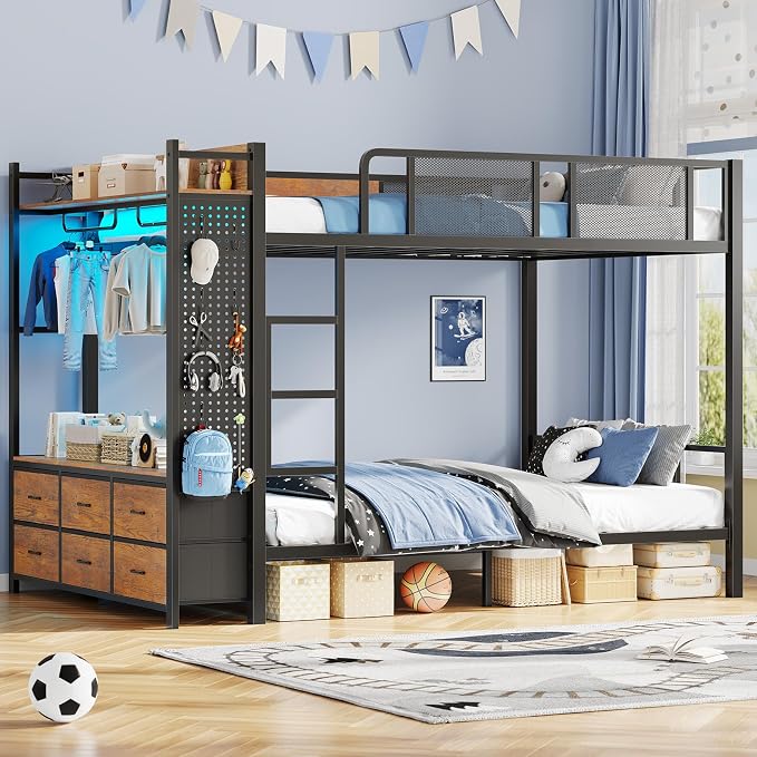 Itaar Metal Bunk Bed Full Over Full with Hall Tree, Power Outlet, LED Bunk Bed with 6 Storage Drawers, Bed with 13‘’ Safety Guardrail & Ladders for Kids and Teen, 400lb Weight Capacity, Rustic Brown