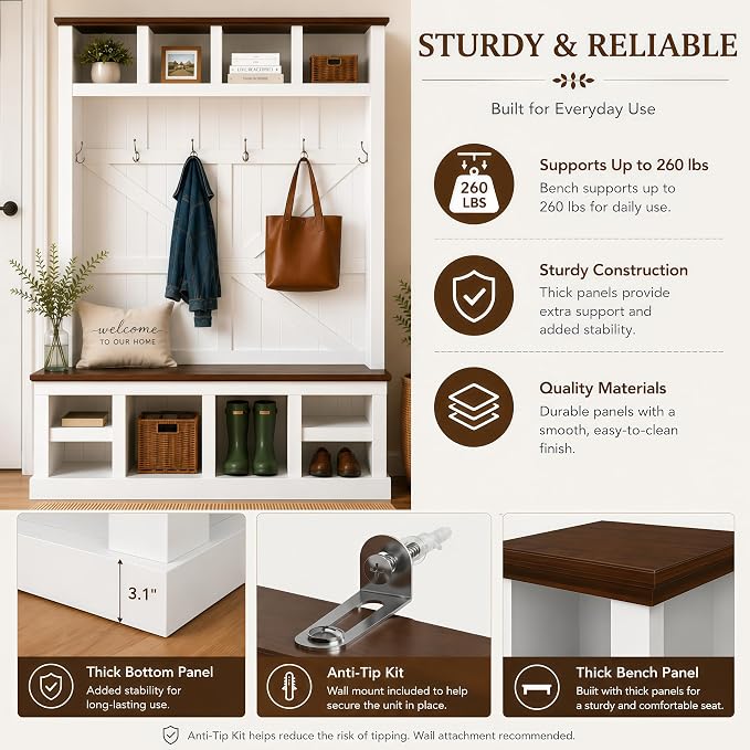 KEIKI 79" Hall Tree with Bench, Farmhouse Entryway Coat Rack, White Walnut