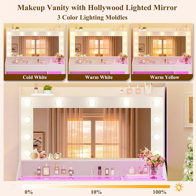HUAHUU Vanity Desk with Mirror & RGB Lights, White Makeup Vanity Table with 2 Transparent Top Large Drawers & RGB Cabinet, Vanity Desk with LED Lighted Mirror 3 Colors, Power Outlets, Flip-up Drawer