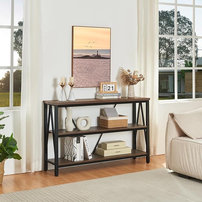 Entryway Console Table, 3 Tier Entry Table with Open Shelves, Brown, 47 IN