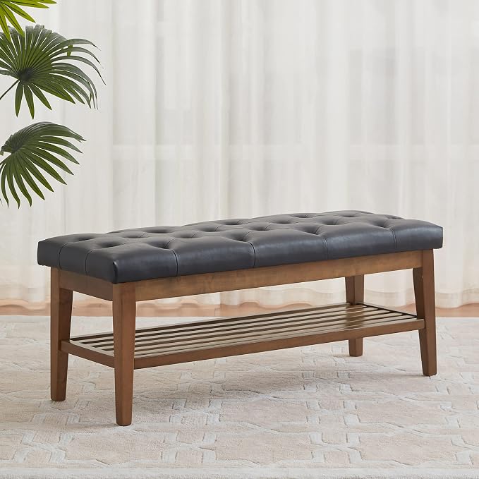 HUIMO PU Leather Entryway Shoe Bench, Button Tufted End of Bed Bench,Black