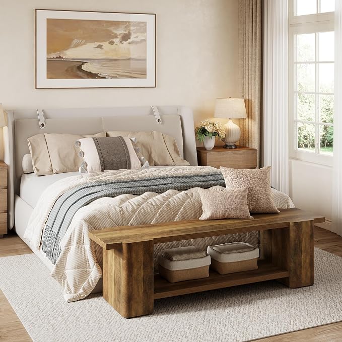 LITTLE TREE Wood Entryway Bench, 63" End of Bed Bench with Storage Shelf, Farmhouse Extra Long Shoe Bench for Entryway, Dining Room, Hallway, Living Room, Bedroom, Double-Reinforced Legs, Brown