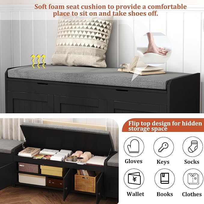 HOMEFORT 41.3" Shoe Bench with Lift Top Storage, Entryway Bench with Cushioned Seat, Wooden End of Bed Bench, Shoe Cabinet Bench with Hidden Storage Space, for Bedroom, Hallway,Black