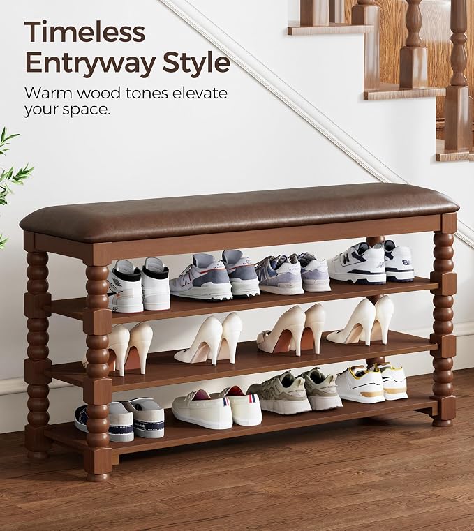 Homleke 39.4" Wide Solid Wood Shoe Rack Bench with Classic Turned Ball Legs
