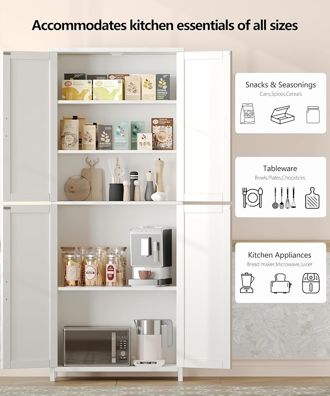 Akxomel 63''H Tall Farmhouse Bathroom Storage Cabinet with 4 Doors White | Floor Storage Cabinet with Barn Doors, Adjustable Shelf, Pantry Cabinet for Kitchen, Laundry Room, Living Room, Entryway