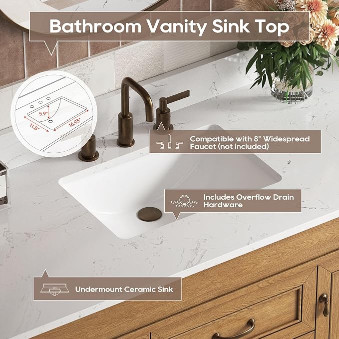48 Inch Bathroom Vanity with Sink Combo, Light Walnut | Classic Cabinet with Countertop & Backsplash, Solid Wood Frame with Soft Closing Doors & 3 Dovetail Drawers, Ceramic Sink
