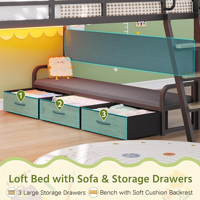 Dnxao Low Loft Bed Full Size with Desk and 9 Storage Drawers, Oak Gray