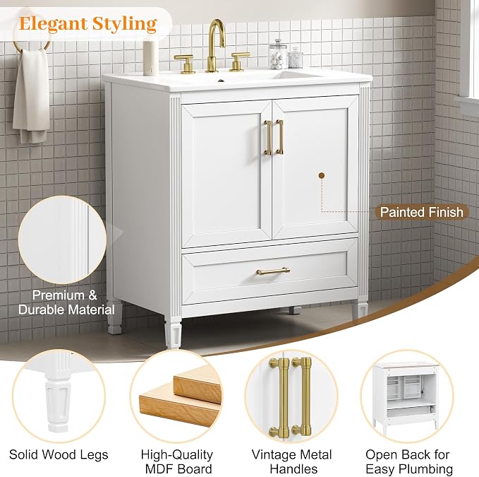 Merax 30" Bathroom Vanity with Undermount Ceramic Sink, Cabinet with Two Door Rack Shelves and One Drawer, Soft Closing Doors, White