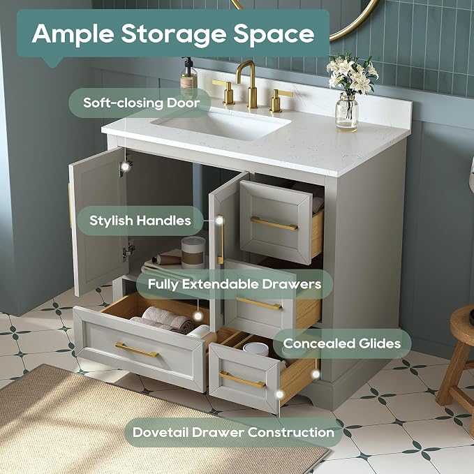 36 Inch Bathroom Vanity with Sink Combo, Greige | Solid Wood Frame with Marble Top & Backsplash & Ceramic Sink, Fully-Assembled with Soft-Closing Doors & 4 Dovetail Drawers