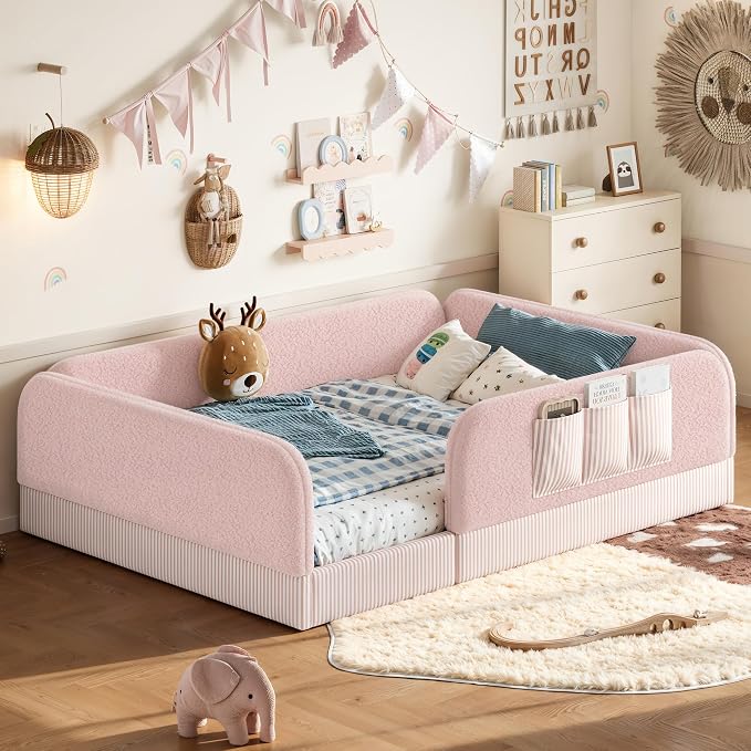 Bellemave Queen Upholstered Montessori Floor Bed with Storage Pocket,Pink