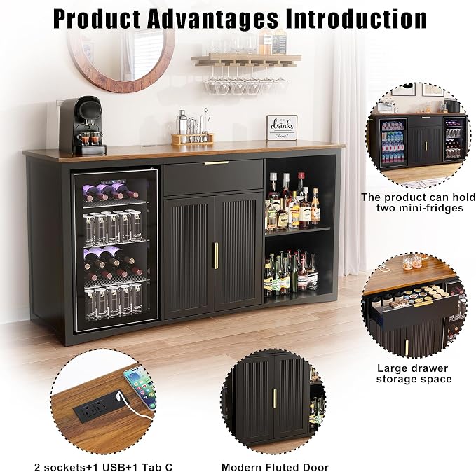 GDLF 70.1" Coffee Bar Cabinet with Fridge Space, Fluted Sideboard,Black