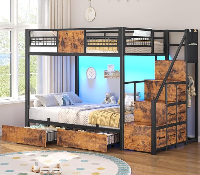 BTHFST Bunk Bed Twin Over Twin with Stairs, Storage Drawers and LED Lights