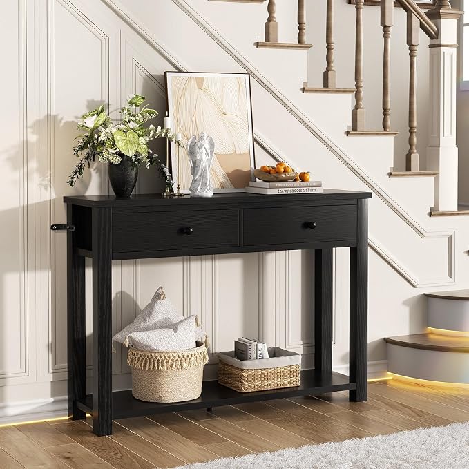 Homieasy Farmhouse Console Table with 2 Drawers, 32 Inch Small Sofa Table with Storage Shelf for Living Room, Behind Couch, Entryway Table for Hallway, Living Room, or Foyer, Black