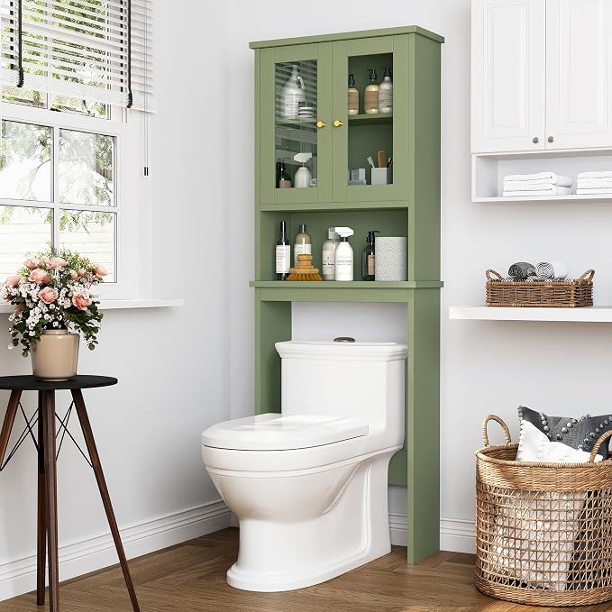 Over the Toilet Storage Cabinet for Bathroom, Storage Organizer Over Toilet, Space Saver with Tempered Glass Doors, Green