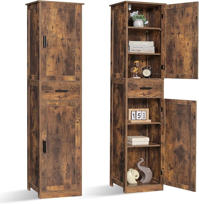 usikey 67'' Tall Storage Cabinet with Adjustable Shelves & 2 Doors, Bathroom Cabinet with 1 Drawer, Narrow Tall Cabinets for Living Room, Home Office, Rustic Brown