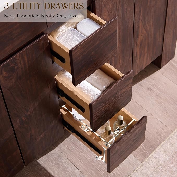 T4TREAM 48 Inch Modern Bathroom Vanity with Double Sink, Dark Walnut | Integrated Resin Sink, 4 Soft-Close Doors & 3 Drawers, Handle-Free Design, Thick Heavy-Duty Legs, Walnut Grain Finish