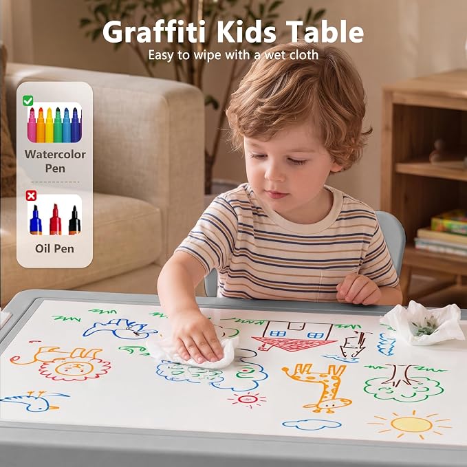 Kinder King Kids Table & 4 Chairs Set, Adjustable Heights, Storage, Grey