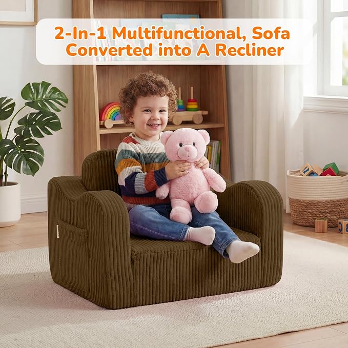 MeMoreCool Kids Sofa, 2-in-1 Corduroy Fold Out Recliner Chair, Brown