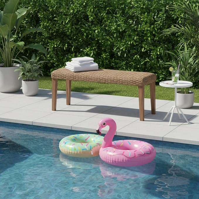 Outdoor Rattan Backless Bench with PE Wicker & Acacia Wood Frame, Natural