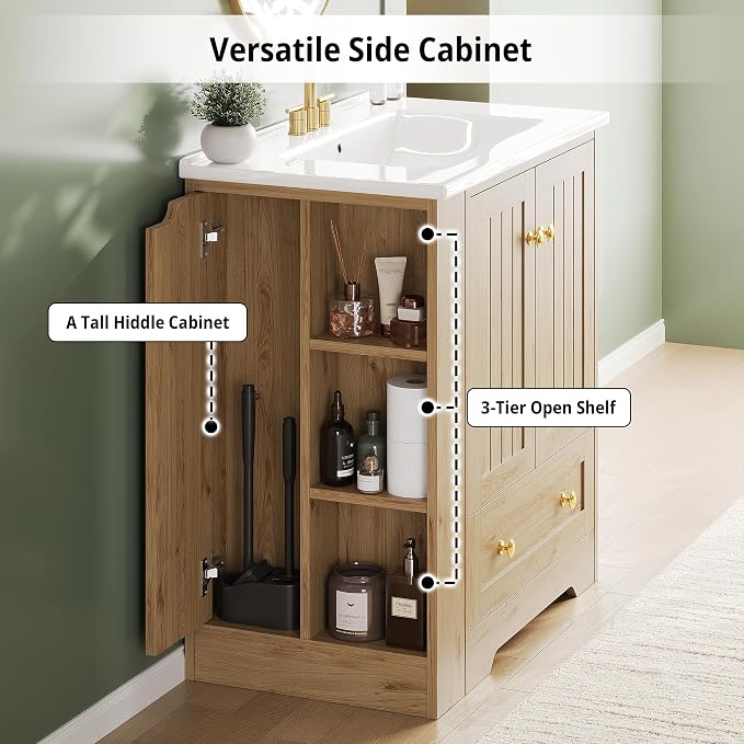 IRONCK Bathroom Vanity with Ceramic Sink, 30" Bathroom Cabinet, Natural | Features a Ceramic Sink, 3 Doors, 1 Drawer and Flexible Side Storage for Organized Bathroom Storage