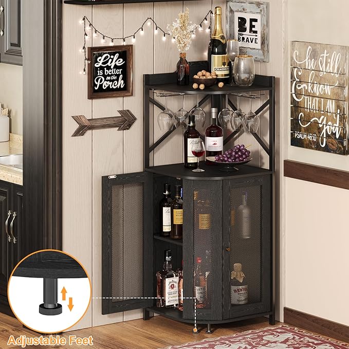 JKsmart 4-Tier Corner Bar Cabinet with LED Light and Glass Holder, Mini Bar
