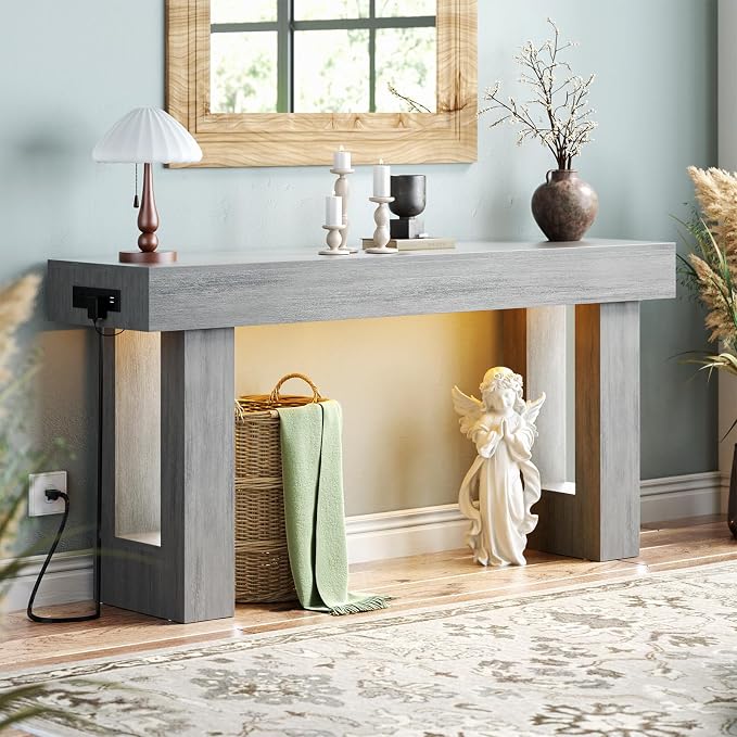 Unikito 63" Console Table with Sensor Light and Oulets, White Oak