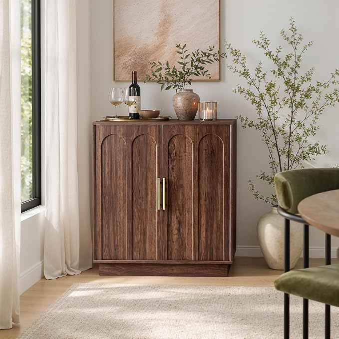 FORTUNETEC 31.5" Wine Bar Cabinet, Mid Century Modern Sideboard, Walnut