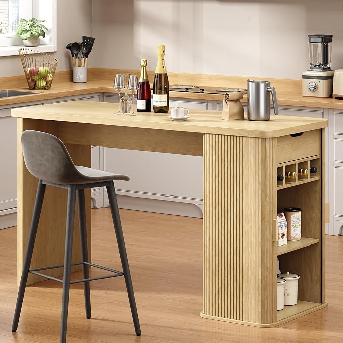 ONBRILL 59 Inch Fluted Kitchen Island with Storage Oak