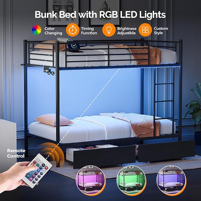 Bonnlo Metal Bunk Bed Frame Twin Over Twin with 2 Drawers, LED Lights, Safety Guardrail & Ladder, Charging Station, for Kids, Teens & Adults, Space-Saving, No Box Spring Needed, Black