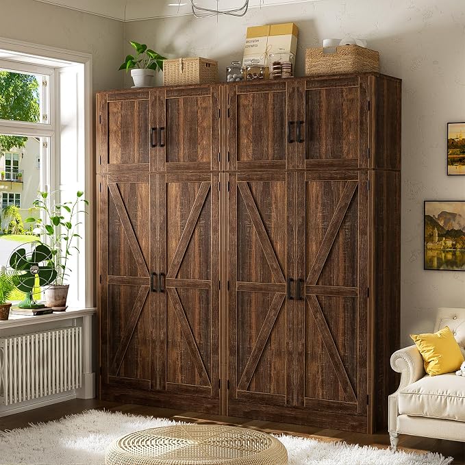 Unikito 71” Tall Kitchen Pantry Storage Cabinet with Adjustable Shelves | Large Farmhouse Storage Cupboard, Barn Doors, Sturdy and Deep, Versatile for Dinning Room, Living Room, Weathered Brown