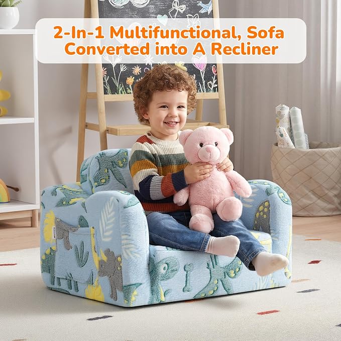 MeMoreCool Glow in the Dark Dinosaur Toddler & Kids Couch, Fold Out Sofa