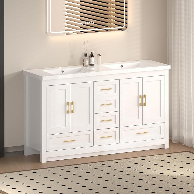 LUMISOL 60 Inch Double Sink Bathroom Vanity, Wooden Freestanding Bathroom Vanity with Soft-Closing Doors and 4 Storage Drawers, 60” Bathroom Cabinet with Resin Sink, White