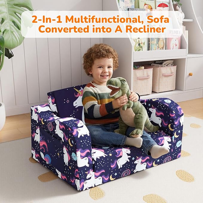 MeMoreCool Kids Couch, Purple Unicorn Fold Out Sofa, Side Pocket, Washable