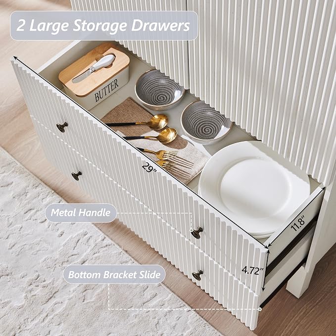 IFGET 71" Tall Arched Pantry Cabinet, Fluted Kitchen Storage Cabinet with Adjustable Shelves and 2 Large Drawers, Freestanding Morden Versatile Cupboard for Living Room, Bathroom, White