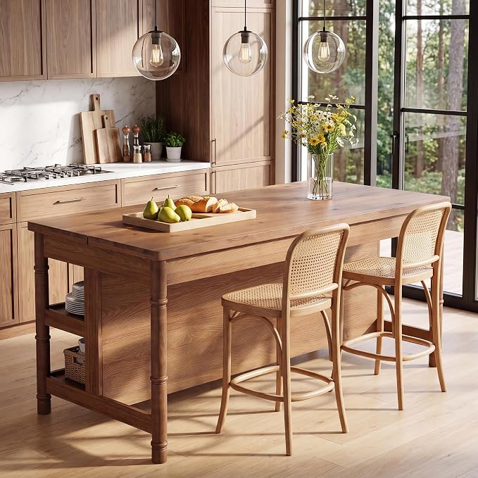 63" Solid Wood Kitchen Island Table with Storage & Seating