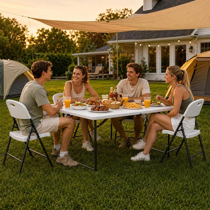 4 Foot Folding Table, Portable Fold-in-Half Utility Table [Adjustable Height with Carrying Handle][4FT Heavy Duty] for Party, Wedding, Picnic, Camping, Indoor & Outdoor, White