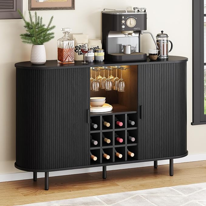 ONBRILL 55" Fluted Wine Bar Cabinet with LED Light Black