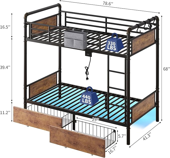 Jocoevol Metal LED Bunk Bed Twin Over Twin with 2 Storage Drawers, USB Charging Station, Industrial Bunkbeds Heavy Duty Bed with Safety Guardrail and Ladder, No Box Spring Needed, Vintage Brown