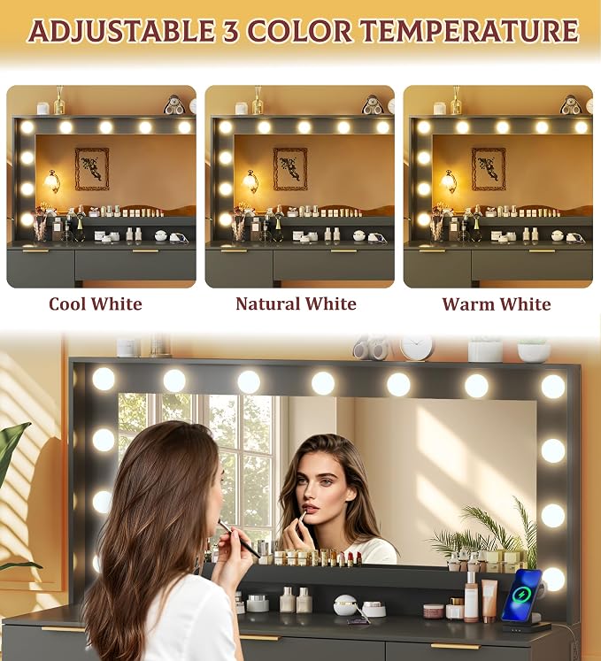 HUAHUU Vanity Desk with Mirror and Lights, 45.3in Makeup Vanity with 7 Drawers & Large Mirror, with 3-Color Adjustable Lighting & Power Outlet, Black Vanity Desk for Bedroom