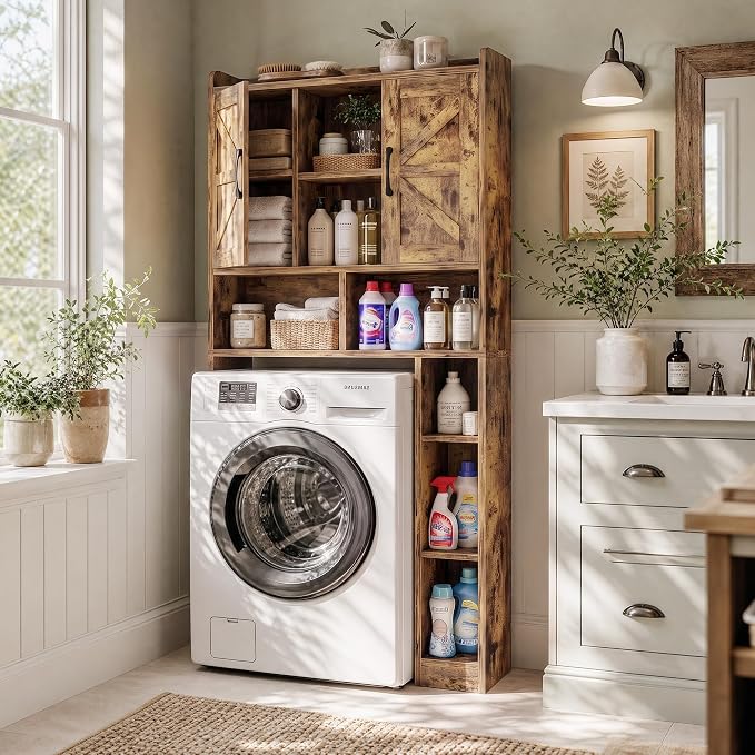 Farmhouse Over The Toilet Storage Cabinet with Barn Door, Reversible Side | 7-Tier Bathroom Organizer, Adjustable Shelves Bottom Bar, Detachable Paper Holder, Anti-Tipping, Laundry Room, Rustic Brown