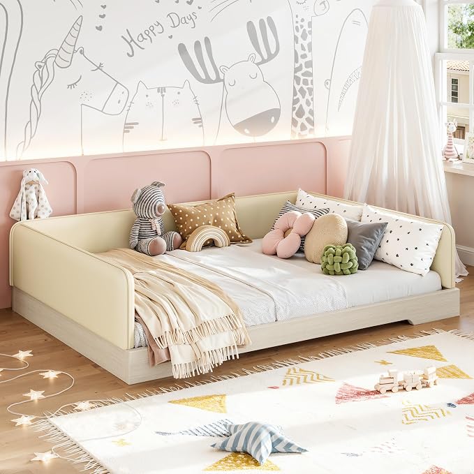 Bellemave Full Upholstered Montessori Floor Bed Frame with Guardrails,Beige